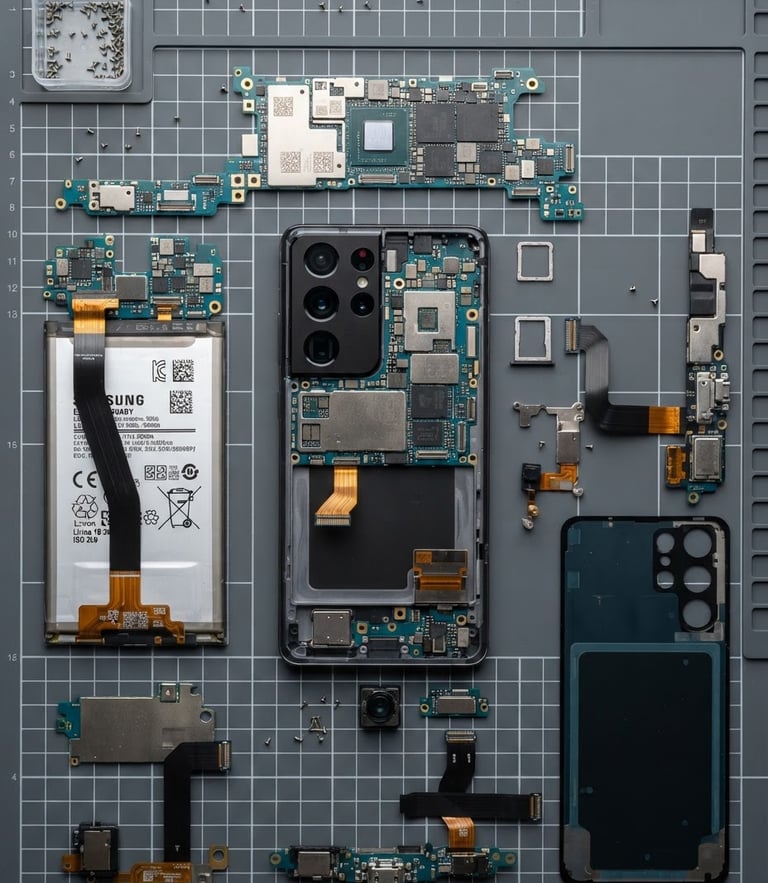 Top-down flat-lay of disassembled consumer electronics on a dark gray technical grid mat, bright high-key studio lighting, macro details of ports and silicon chips