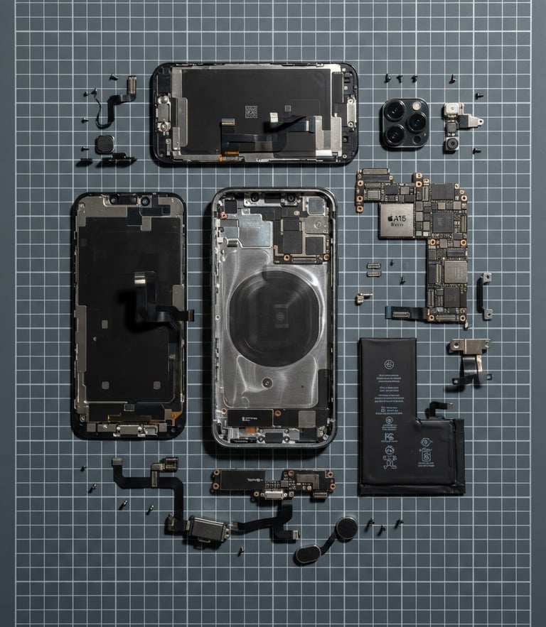 Top-down technical flat-lay of disassembled premium smartphone components on a slate gray grid mat, bright high-key studio lighting, sharp shadows