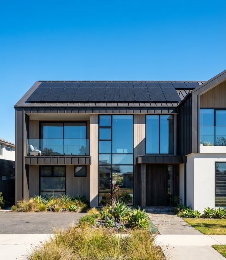 Crisp architectural photography of a modern residential building with sleek black solar panels on the roof, bright direct sunlight, sharp shadows, clear blue sky.