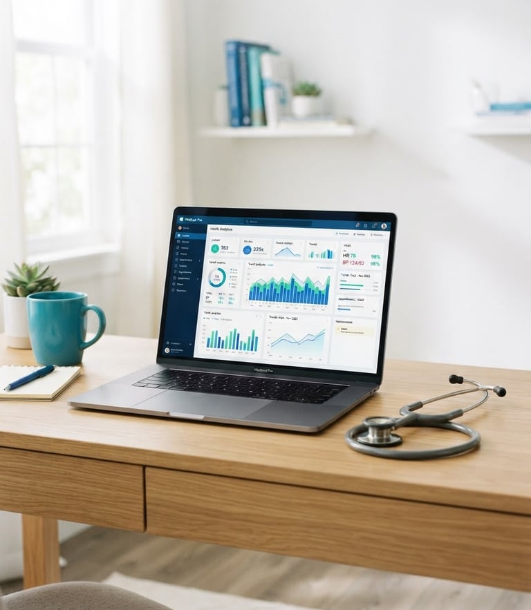 Bright editorial photography, natural daylight, a modern clean office desk with a laptop displaying health charts, a stethoscope resting nearby, vibrant blue and green accents, 35mm