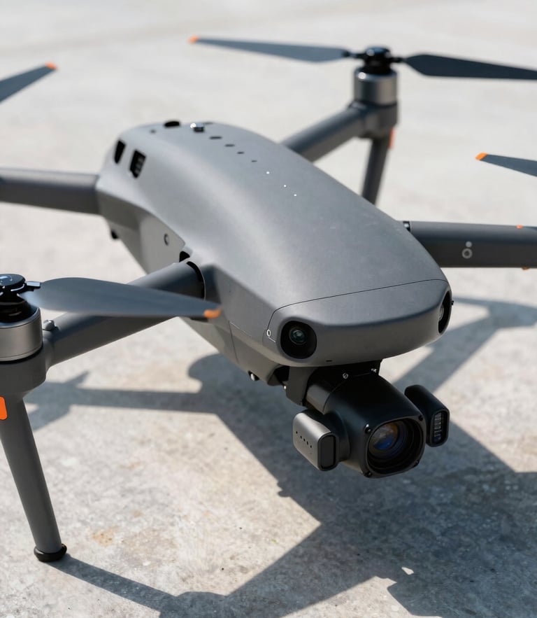 Close-up of a rugged enterprise drone with thermal camera sensors on a launch pad, high-contrast technical details, slate gray tones