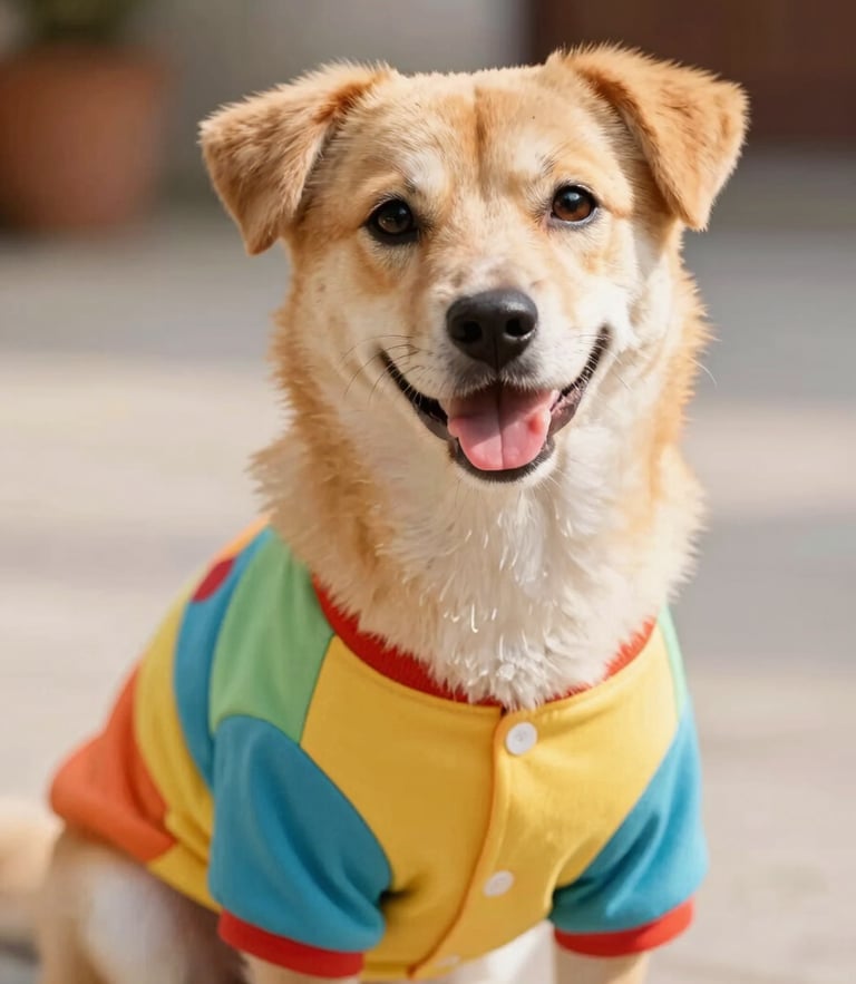 Happy dog wearing a colorful handmade shirt, looking at the camera, warm daylight, vibrant pet photography
