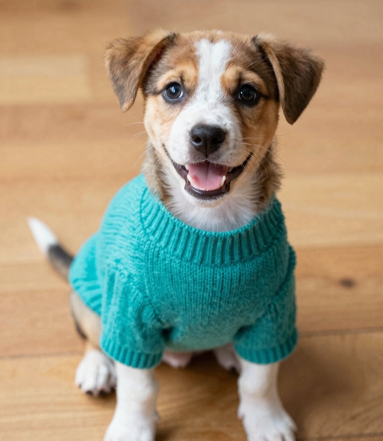 A happy small puppy wearing a colorful teal knitted sweater, sitting on a warm wooden floor in natural daylight, looking up with bright eyes, shallow depth of field