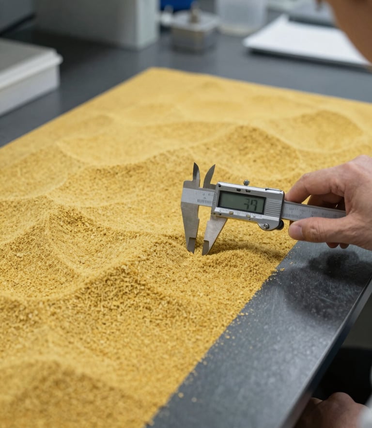 A technical laboratory technician measuring aggregate particle shape geometry with a digital caliper, sharp industrial focus.