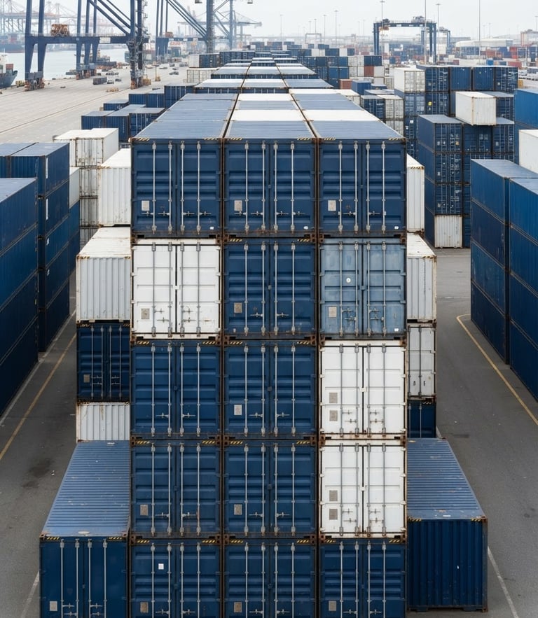A high-quality close-up of blue shipping containers stacked in a modern harbor, clean commercial photography, bright neutral overcast light, crisp white and navy tones, sharp focus, 50mm lens
