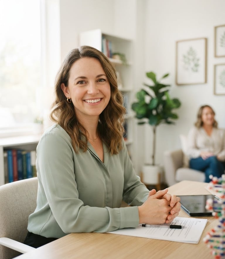 A warm, smiling genetic counselor in a bright, natural-light office, looking helpful and approachable, soft daylight, shallow depth of field, 35mm