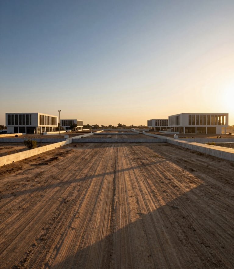 Symmetrical wide-angle architectural twilight view of an expansive, cleared commercial development plot in Greater Noida West, golden-hour light casting long shadows, sharp modern infrastructure in the background, 35mm.