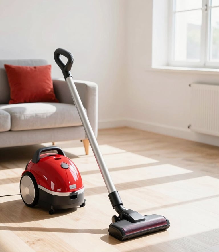 Bright high-key photography of a sunlit modern Italian living room, a vacuum cleaner gliding on clean oak floors, crisp natural daylight, sharp focus, 35mm lens