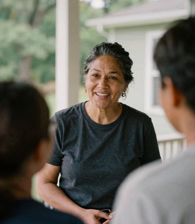Candid close-up of a community organizer speaking warmly with a resident on a sunlit porch, soft natural daylight, deep muted forest tones, 35mm film style