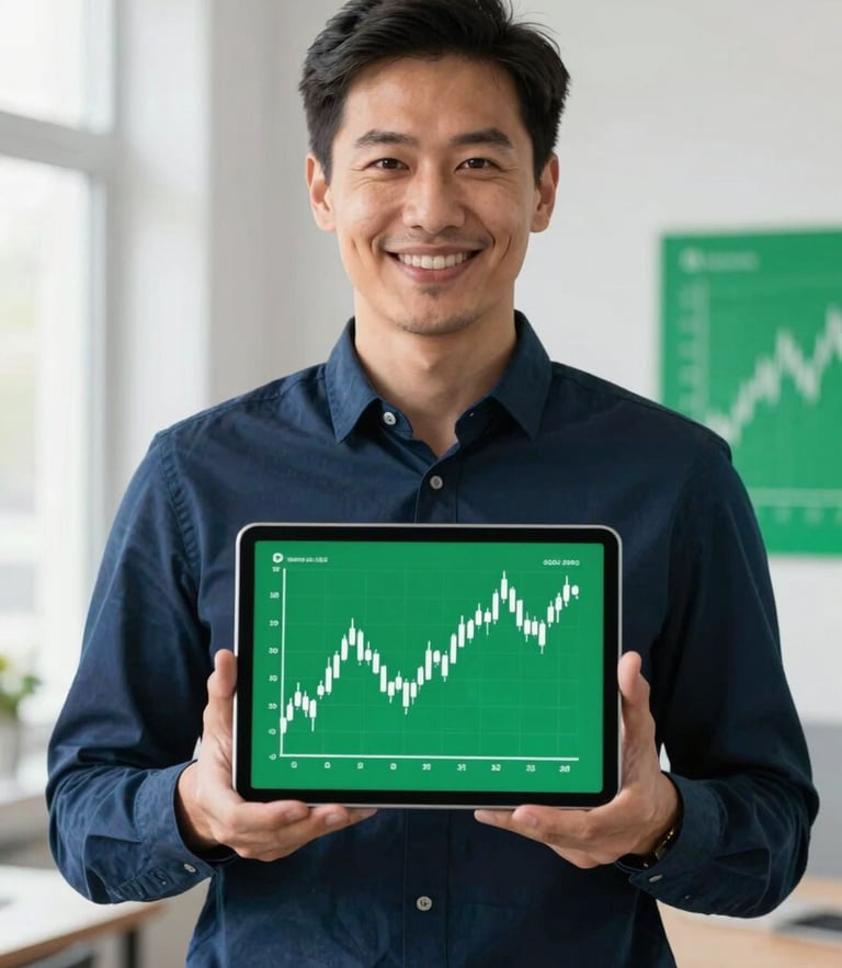 A professional mentor in a bright studio, wearing a clean navy shirt, smiling warmly, holding a tablet showing a clean green and white candlestick chart, soft natural light, 35mm