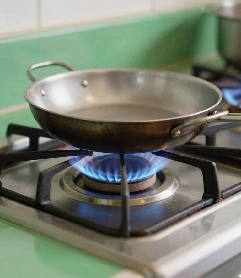 Close-up of a steady blue stove flame under a clean metal pan, warm natural daylight, vibrant green kitchen details, 35mm photography
