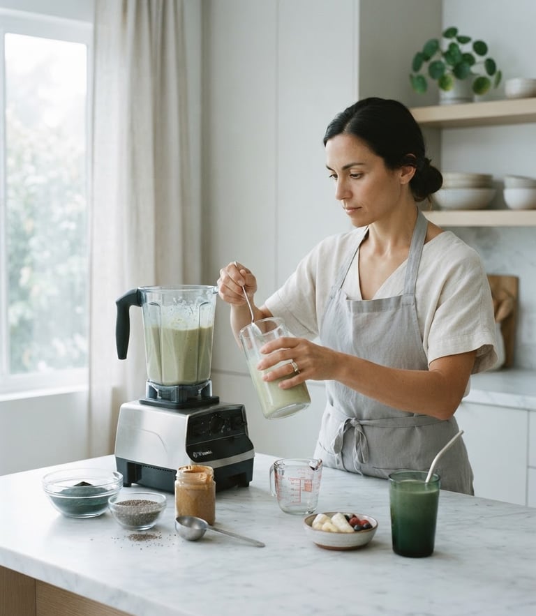 Bright modern kitchen with natural morning daylight, a professional preparing a clean functional food shake on a marble countertop, desaturated cool tones, 35mm photography