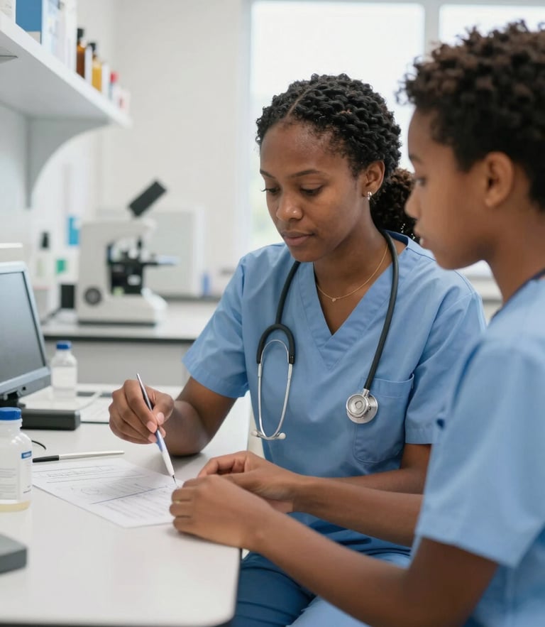 An African American female instructor guiding a student in a bright modern clinical simulation lab, teaching bedside care skills, 35mm photography