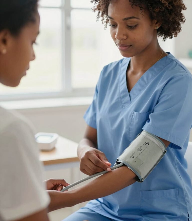 A close-up of an African American female nursing student adjusting a blood pressure cuff on a patient simulator, bright natural window light, warm tones, shallow depth of field, 35mm