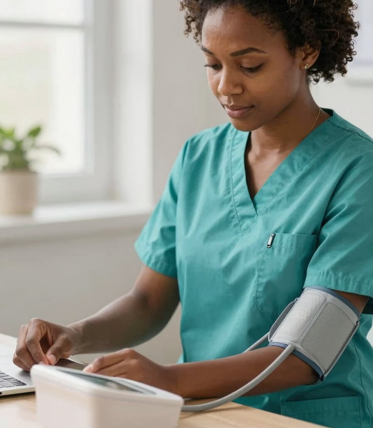 A professional medium close-up of an African American female nursing student in teal scrubs adjusting a digital blood pressure monitor, warm natural light, shallow depth of field