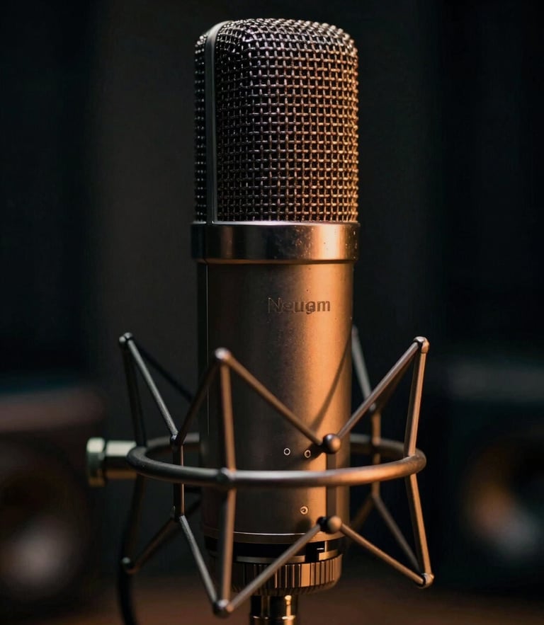 Dramatic close-up of a vintage Neumann microphone in a dark Parisian recording booth, moody low-key lighting with warm amber reflections on the metallic grille, shallow depth of field, cinematic 50mm