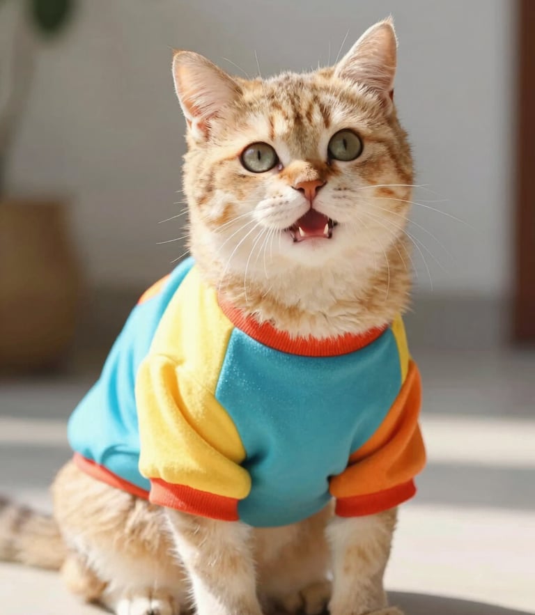 Bright cheerful pet photography, a happy cat wearing a custom-fit colorful shirt sitting comfortably under warm natural daylight, 35mm