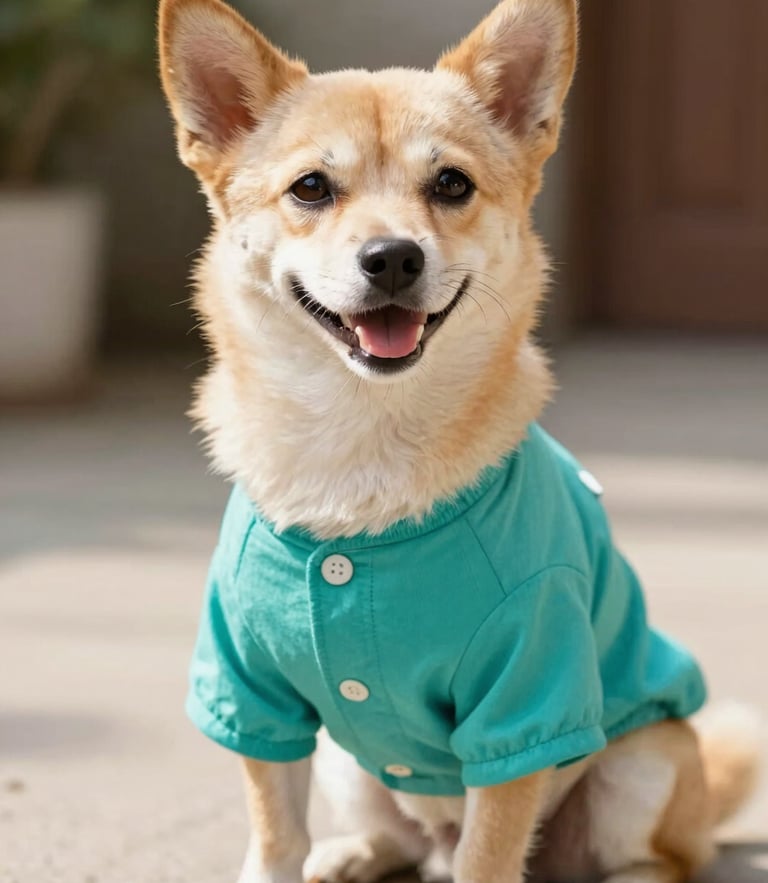 A happy small dog wearing a vibrant custom-stitched teal shirt, sitting comfortably, bright cheerful pet photography, warm natural daylight, shallow depth of field
