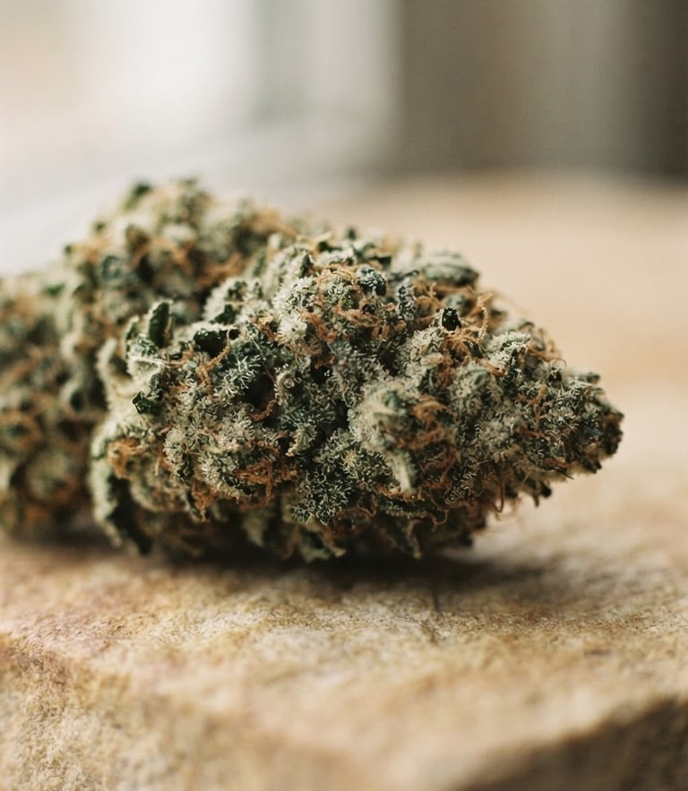 A close-up of raw, trichome-rich flower resting on a warm natural stone slab under soft window light, shallow depth of field, 35mm