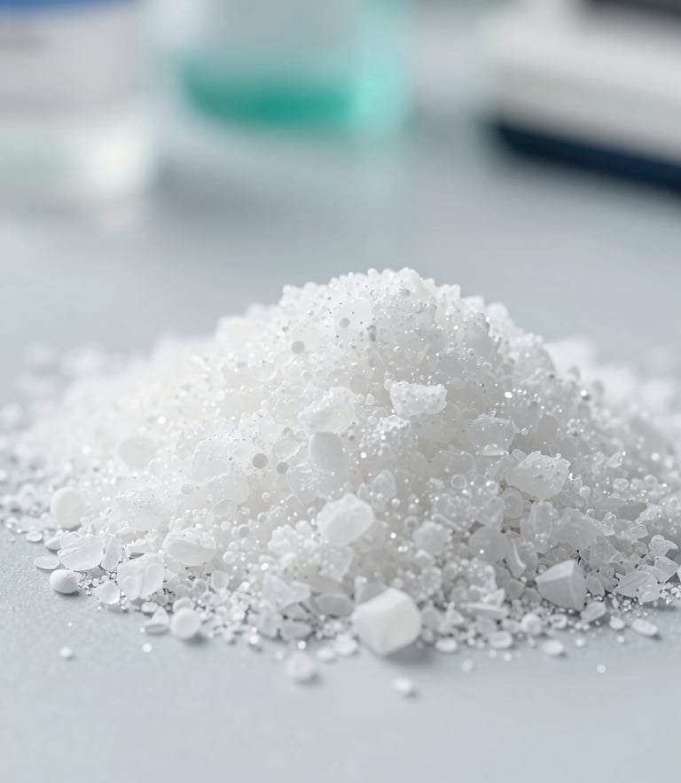 Macro close-up of pure white pharmaceutical-grade crystalline compound under bright clinical daylight, sharp focus, 35mm