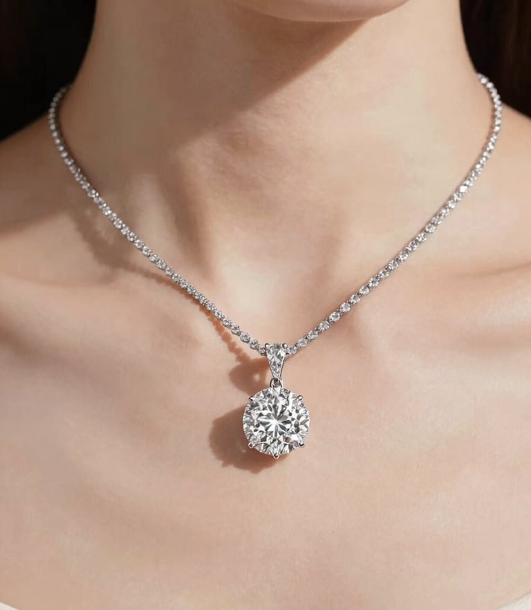 Close-up of an elegant woman's collarbone wearing a brilliant diamond solitaire necklace, soft diffused daylight, sharp diamond sparkle, high-contrast 35mm editorial photography