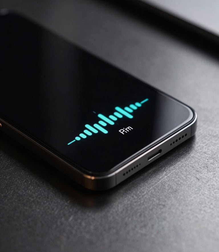 A close-up of a sleek black Android device resting on a dark steel desk, displaying a minimalist custom volume widget with electric cyan indicators under moody studio lighting.
