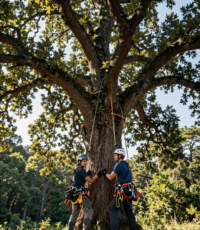 Low-angle portrait of two professional arborists in safety gear standing beneath a majestic mature oak tree, crisp morning sunlight filtering through the canopy, wide-angle lens, highly detailed.