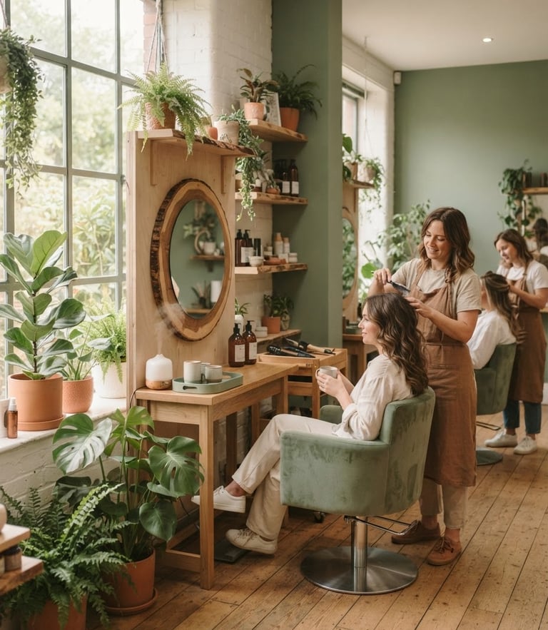 Soft interior shot of a serene salon featuring botanical elements, natural wood, and warm diffused window light, sage green accents