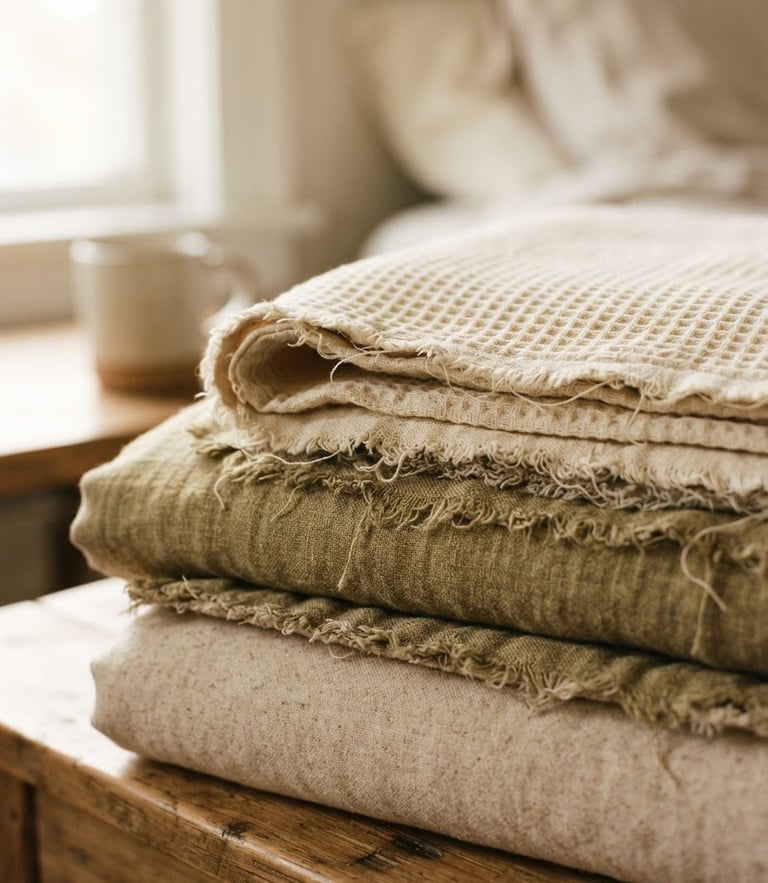 Close-up of folded organic cotton bed quilts showing raw edges, soft morning window light, shallow depth of field, warm editorial photography