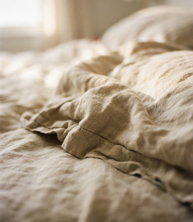 Tight macro shot of soft morning light falling across rumpled oatmeal linen pillow covers, shallow depth of field, 35mm film