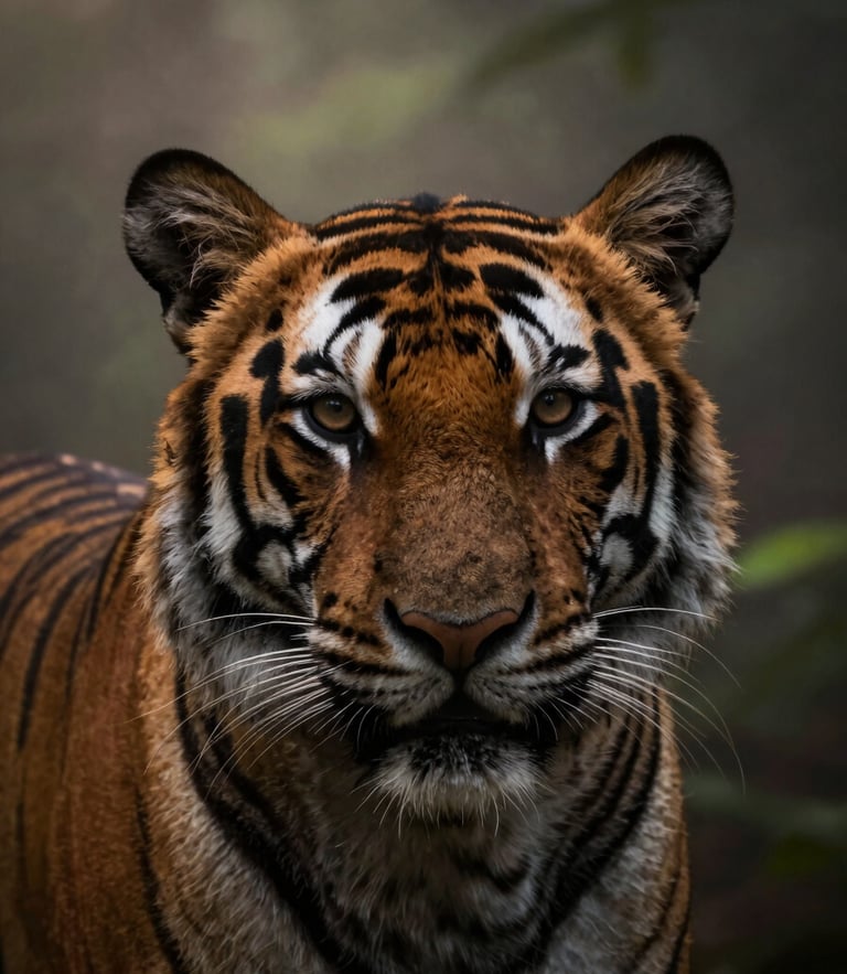 Telephoto close-up of a Bengal tiger's eyes in the high-contrast forest canopy shadows, misty dawn light, rich earth tones, shallow depth of field, 35mm