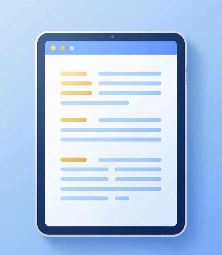 Sleek 3D vector illustration of a digital tablet displaying editable document templates, clean corporate blue and gold palette, soft glassmorphism textures, high-key studio lighting