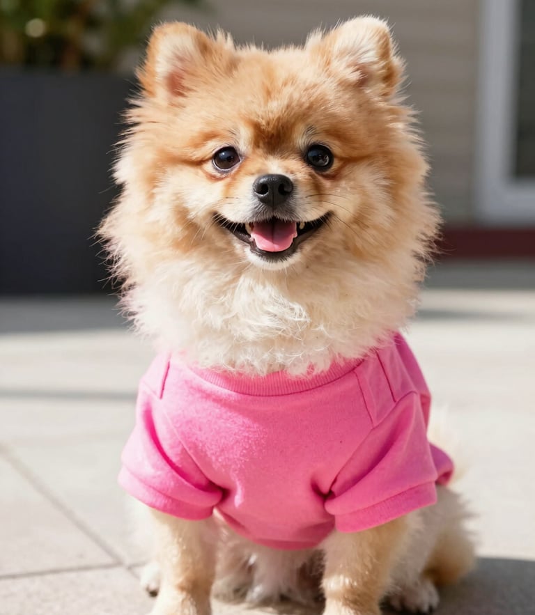 A happy fluffy Pomeranian wearing a bright pink handmade t-shirt, sitting comfortably on a sunny patio, eye-level cheerful daylight portrait, 35mm.