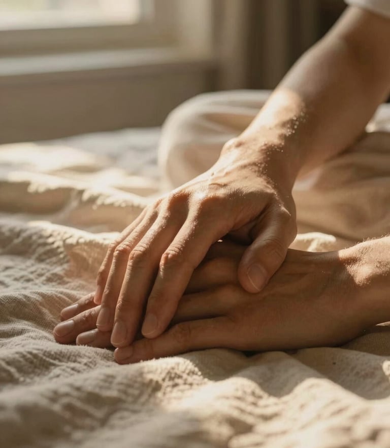 Intimate close-up of hands resting together on a soft linen blanket, warm diffused golden hour light filtering through a window.