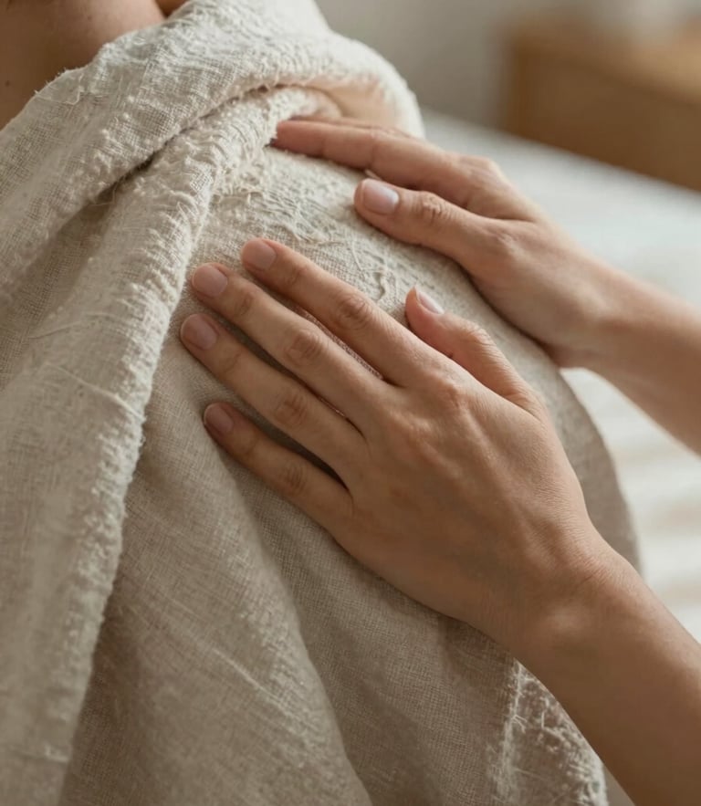 Close-up of hands gently wrapping a soft, textured linen blanket around a patient's shoulders, warm natural morning light, quiet and respectful framing.
