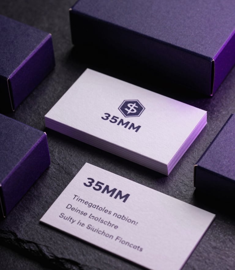 Sleek studio photography of custom embossed business cards and premium matte packaging boxes on a dark slate surface, dramatic violet edge-lighting, sharp macro focus, 35mm