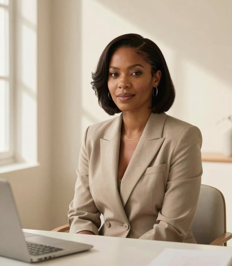 An elegant medium-close portrait of Favour Chidinma Solomon, a brand strategist, sitting in a warm cream-toned minimalist workspace with soft window shadows, diffused natural daylight, medium format photography.
