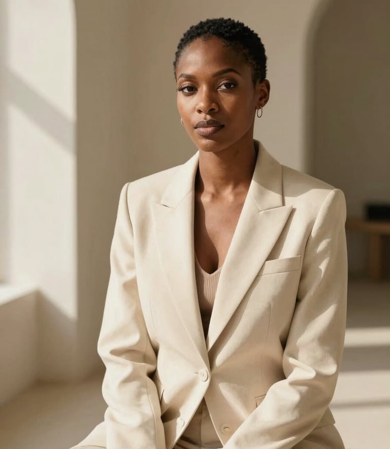 A medium-close editorial portrait of Favour Chidinma Solomon in a warm cream blazer, sitting in a sunlit architectural space with soft window shadows, minimalist luxury.