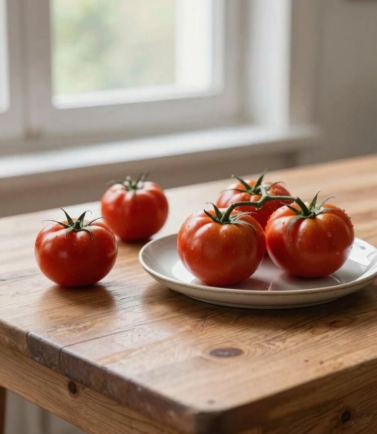 Warm editorial photograph of a rustic wooden table with fresh tomatoes, a ceramic plate, and natural morning light coming through a window, scandinavian style