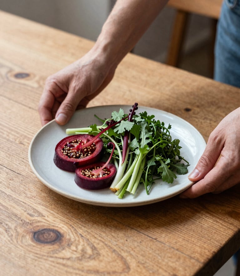 Warm editorial photography, soft natural daylight, a rustic wooden table in a scandinavian restaurant, hands placing a minimalist ceramic plate with fresh organic vegetables, rich crimson accents, 35mm