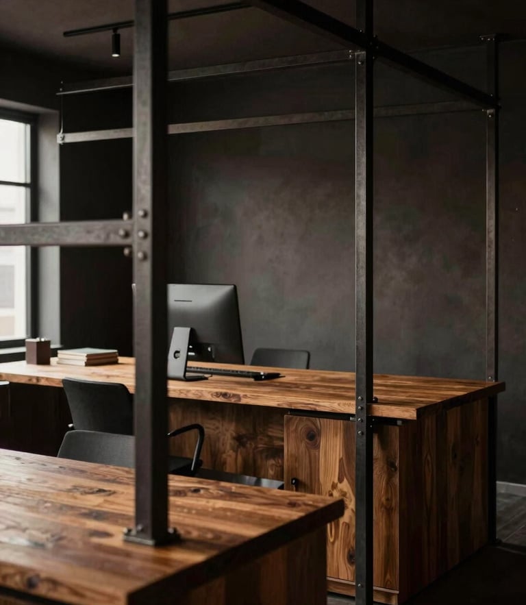 An elegant architectural shot of a modern rustic office interior, dark iron frames, warm wood desks, soft side lighting, 35mm editorial photography