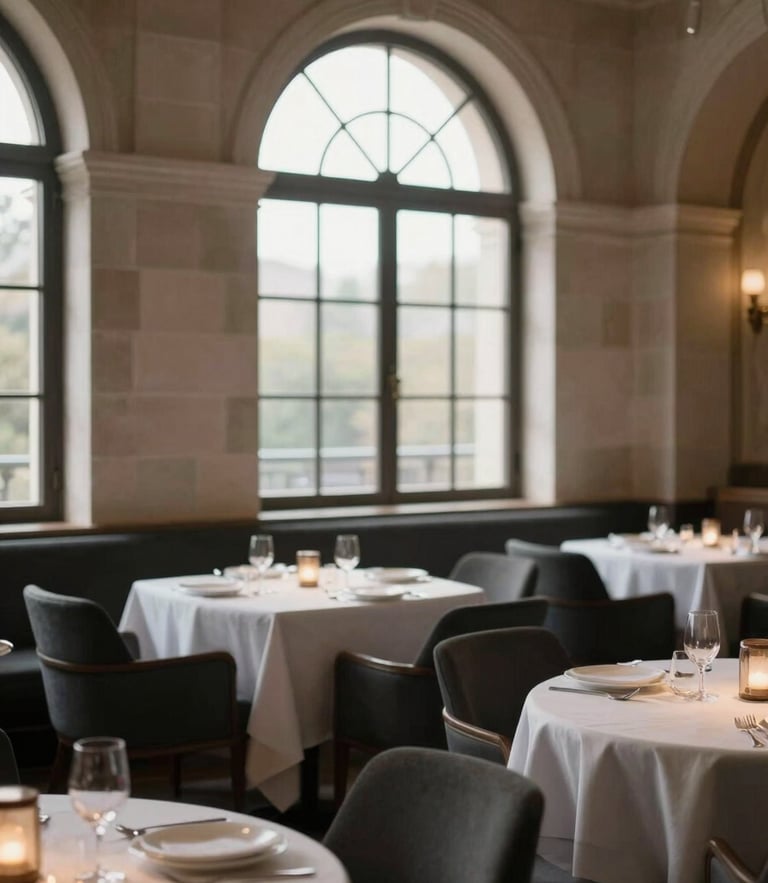 Cinematic architectural interior of an empty, beautifully lit luxury restaurant, soft morning natural light from arched windows, warm stone and charcoal tones, shallow depth of field, 35mm