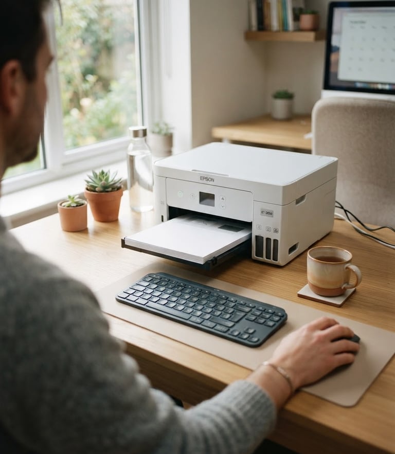 Over-the-shoulder view of a clean home office desk, a compact modern printer with its paper tray open, soft natural morning daylight, shallow depth of field.