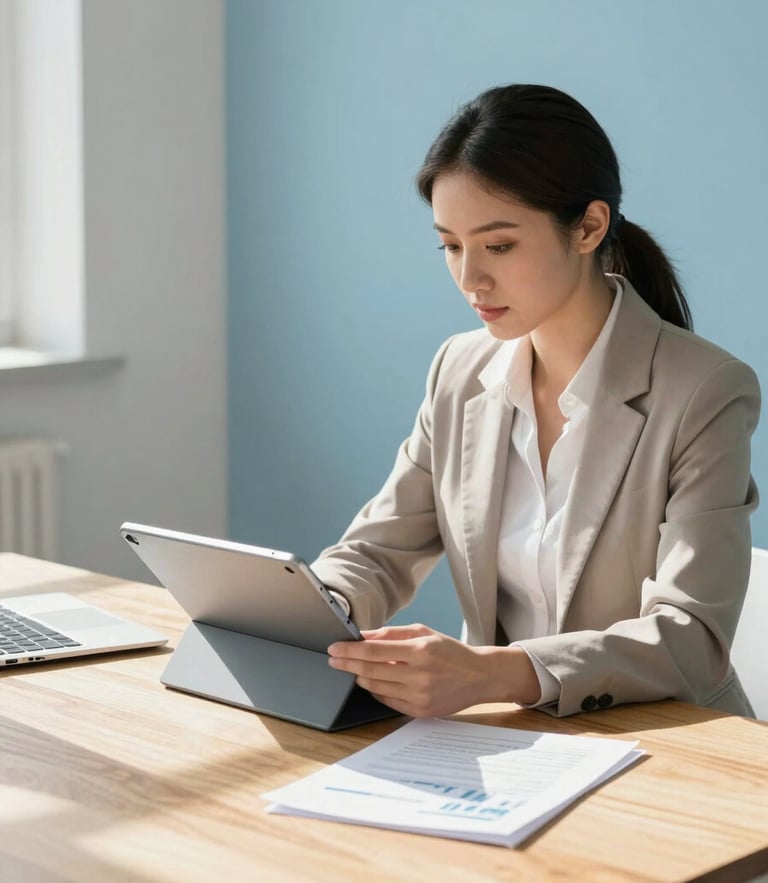 A professional woman sitting at a sunlit wooden table, reviewing financial documents on a modern tablet, bright morning daylight, clean interior with soft blue accents, 35mm photography.