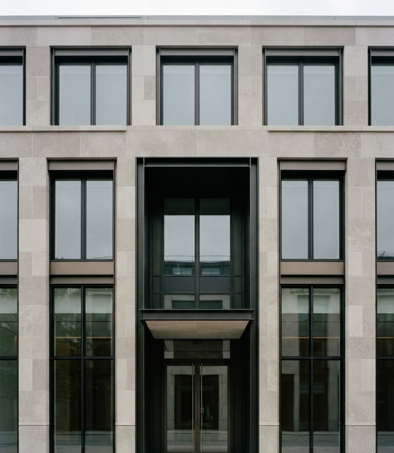 Symmetrical architectural detail of a modern limestone and steel facade, soft overcast daylight, clean lines, 35mm photography
