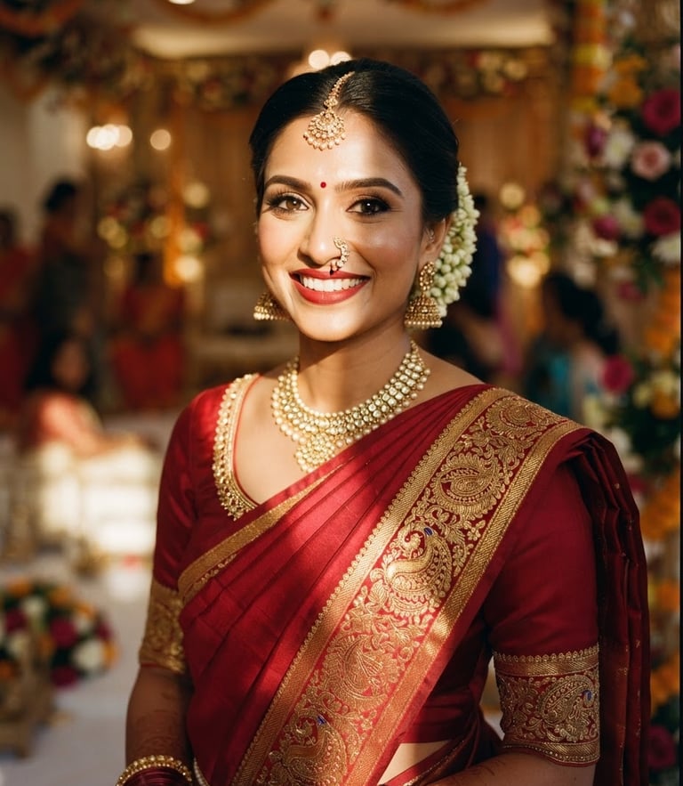 A close-up portrait of a South Asian bride smiling, elegantly draped in a crimson silk saree with a brilliant gold zari border catching warm side-light.