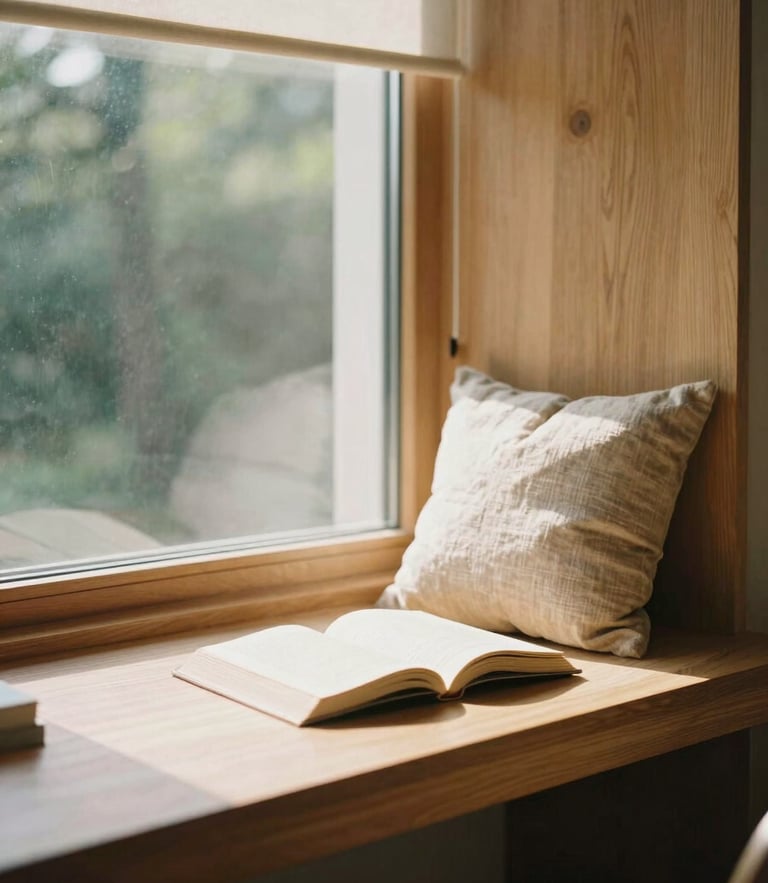 Warm editorial photography of a sun-drenched reading nook in a modern minimalist apartment, warm oak wood, linen textiles, soft morning window light, shallow depth of field, 35mm film
