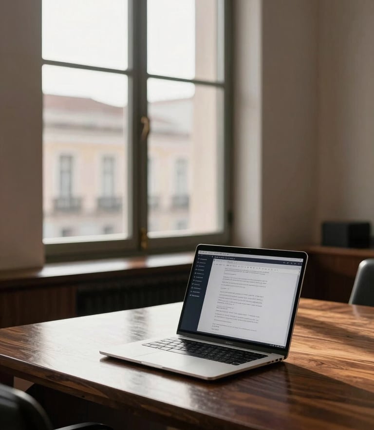 Architectural composition of a prestigious Lisbon law office interior, warm daylight filtering through a tall window onto a dark walnut desk, a sleek laptop displaying a clean legal software interface, soft ambient shadows, prestigious and serene atmosphere.