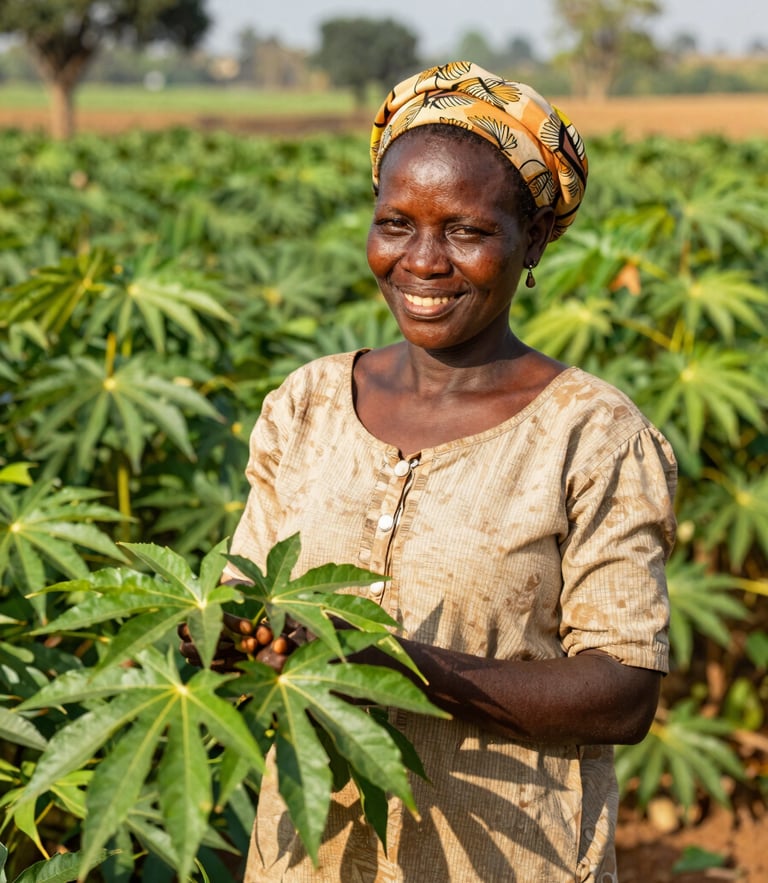 Dignified female farmer smiling in a lush green cassava field in Cameroon, holding a bundle of healthy green leaves, warm natural equatorial sunlight, 35mm