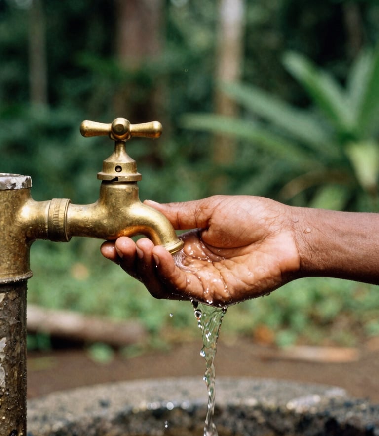 A close-up of clean water flowing from a brass tap stand, held by a local child's hand, warm equatorial sunlight, rich forest green background, 35mm